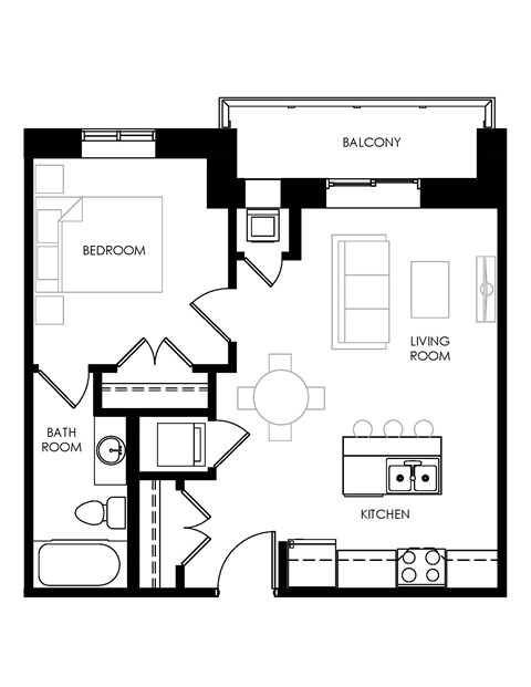 A black and white floor plan of a house with a balcony, living room, kitchen, bathroom, and bedroom.